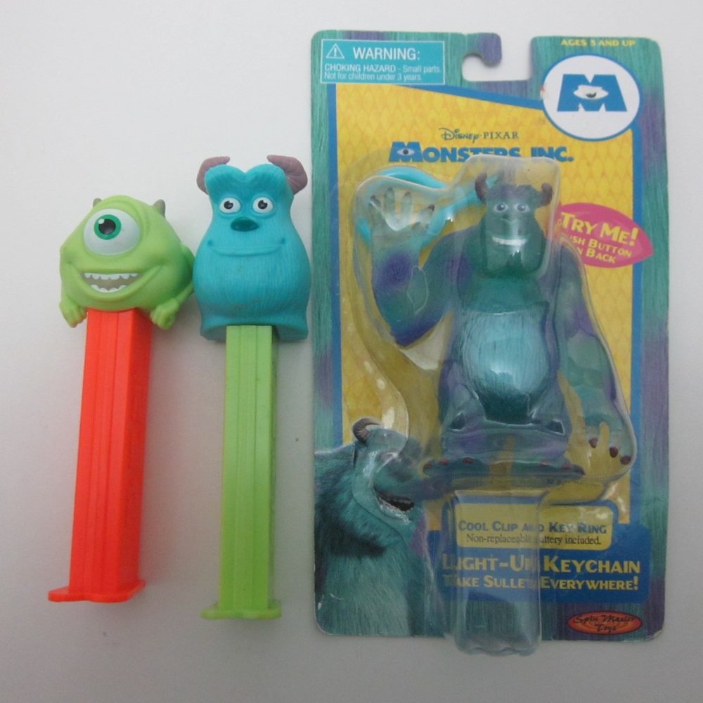 Monsters Inc 2001 light up keychain, Pez dispenser